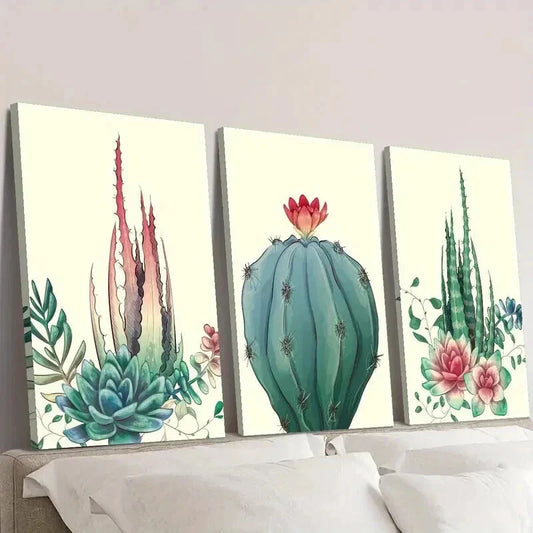 3pcs Vibrant Aloe Vera Prick Pear & Cactus Wall Art Set Canvas Framed 40x60cm - High Quality Print 100% Australian Made Wall Canvas Ready to Hang