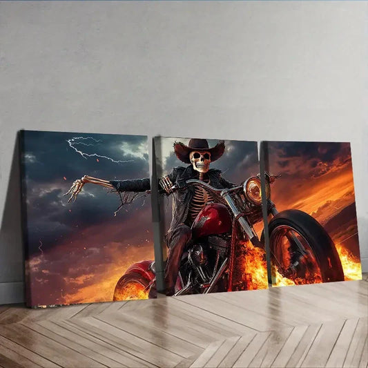 3pcs Skeleton on Motorcycle Dark Rider Fear Wall Art Set Canvas Framed 40x60cm - High Quality Print 100% Australian Made Wall Canvas Ready to Hang