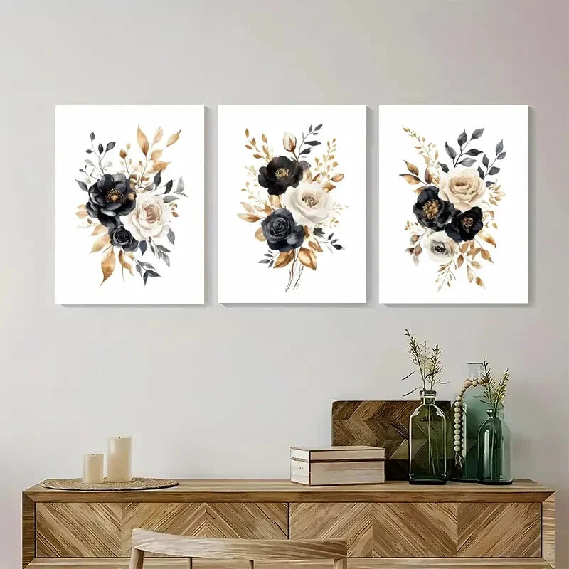3pcs Black Golden White Elegant Floral Metal Print Ready to Hang Art