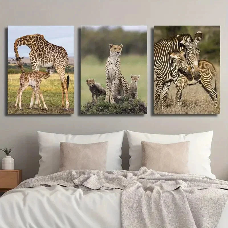 3pcs Giraffe Cheetah Zebra Wildlife Animal Metal Print Ready to Hang Art