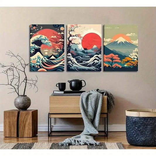 3pcs Kanagawa Giant Wave, Mount Fuji & Cherry Metal Print Ready to Hang Art