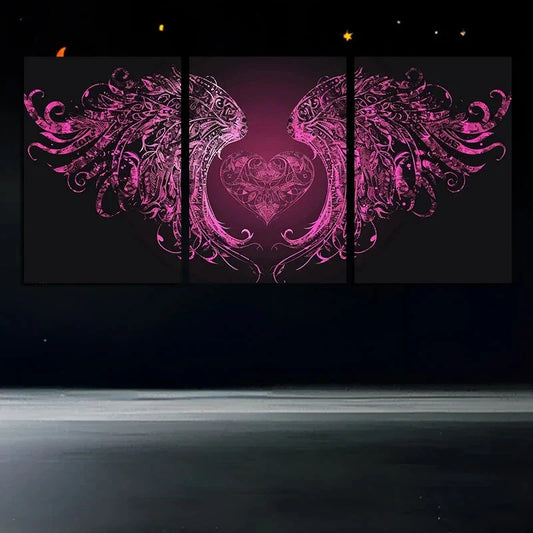 3pcs Heart-Shaped Wings Stunning Rose Metal Print Ready to Hang Art