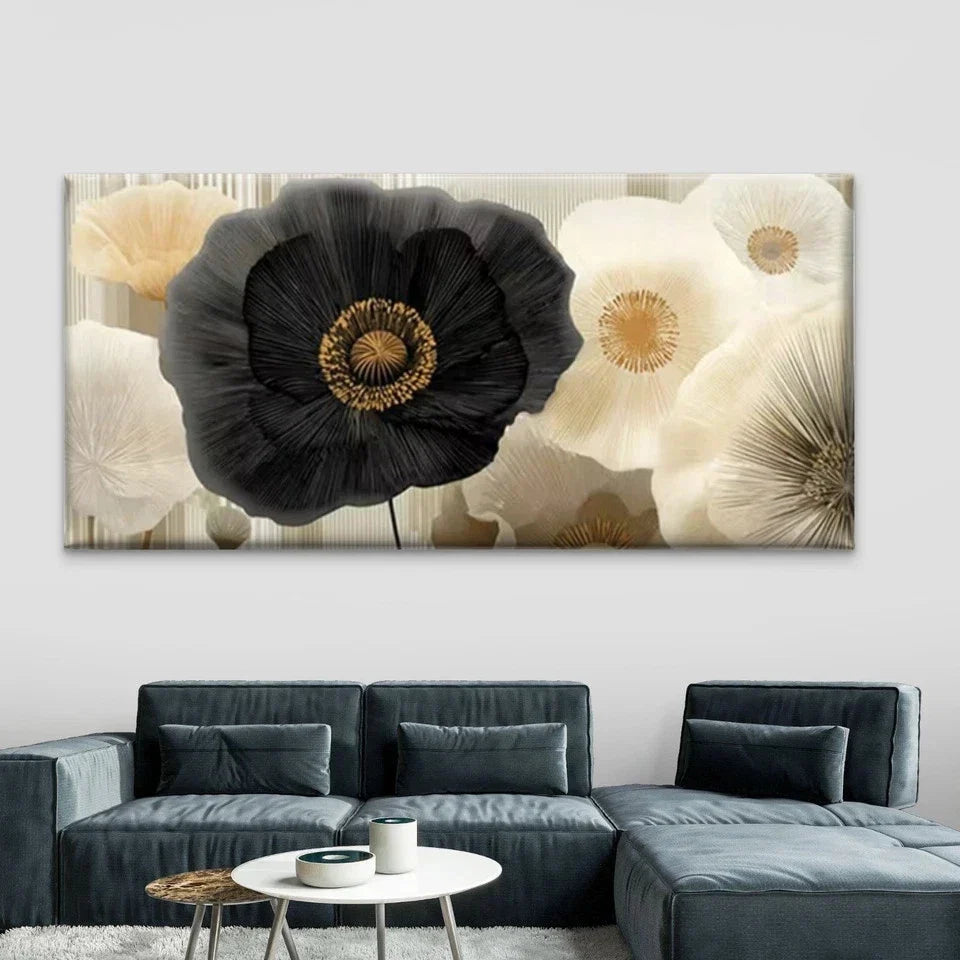 Black Ivory Flower Wall Art Canvas Office Home Room Framed 80x45cm