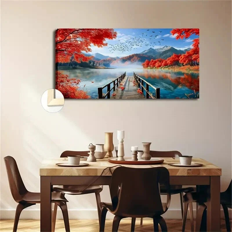 Autumnal Lake and Flying Geese Wall Art Canvas Office Home Room Framed 80x45cm