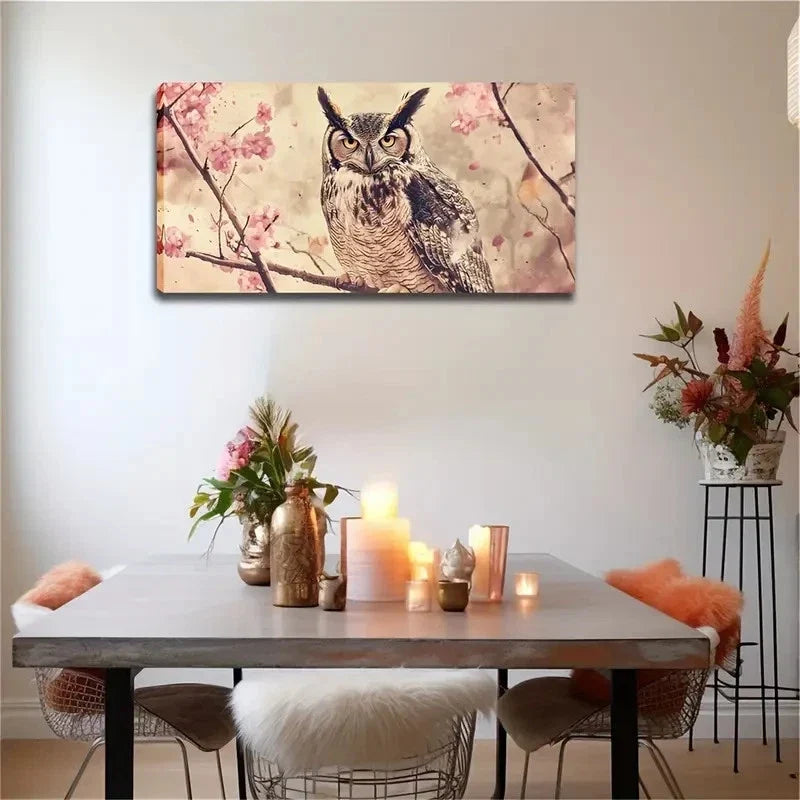 Owl On Branch Cherry Blossom Wall Art Canvas Office Home Room Framed 120x60cm