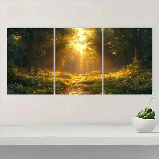 3pcs Scene With Sunlit Forest Dramatic Lighting Metal Print Ready to Hang Art