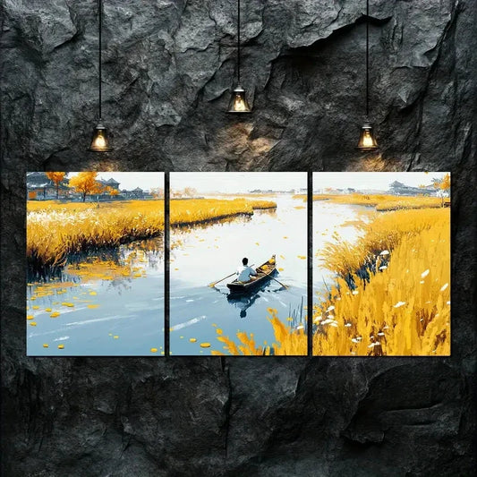 3pcs Stunning Autumn Scenery Boat Perfect Wall Art Set Canvas Framed 40x60cm - High Quality Print 100% Australian Made Wall Canvas Ready to Hang