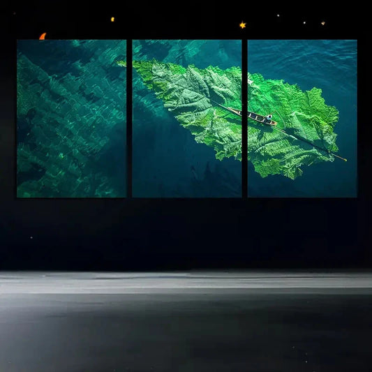 3pcs Leaf and Boat Design Beach Metal Print Ready to Hang Art