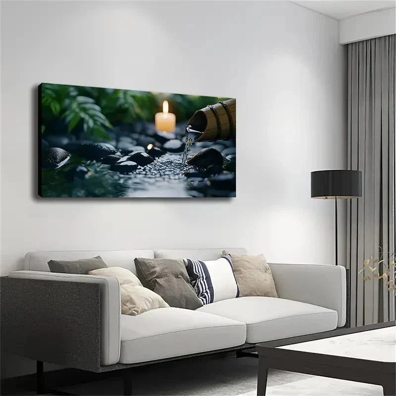 Realistic Bamboo Water Flow Wall Art Canvas Office Home Room Framed 80x45cm