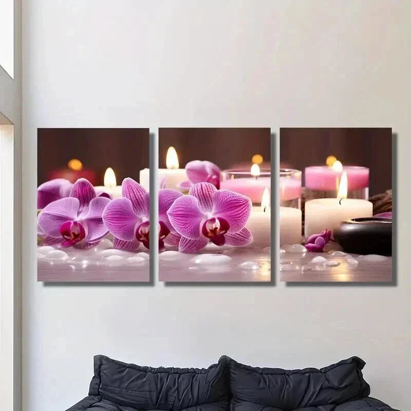 3pcs Orchid Scented Candle Decoration Wall Art Set Canvas Framed 40x60cm - High Quality Print 100% Australian Made Wall Canvas Ready to Hang
