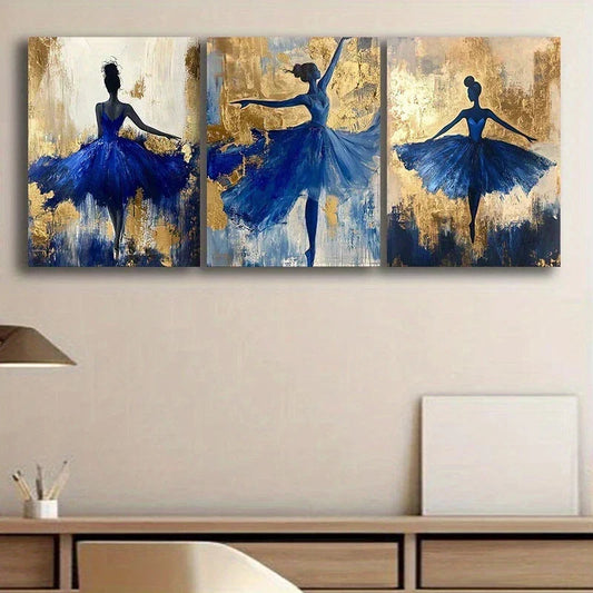 3pcs Abstract Figure Dancing Blue Dress Theme Metal Print Ready to Hang Art