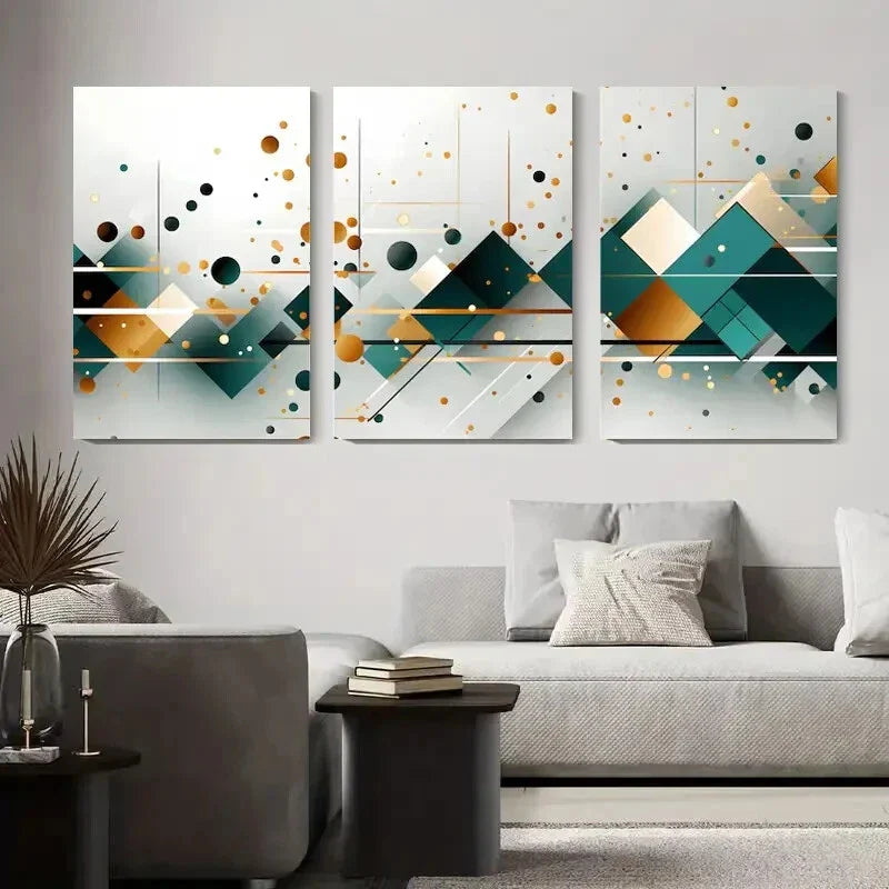 3pcs Geometric Abstract Design with Teal, Golden Metal Print Ready to Hang Art