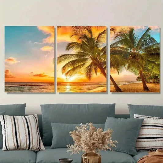 3pcs Vibrant Sunset Palm Tree Beach Sunset Wall Art Set Canvas Framed 40x60cm - High Quality Print 100% Australian Made Wall Canvas Ready to Hang