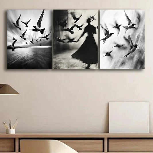 3pcs Black Abstract Girl Flying Bird Metal Print Ready to Hang Art