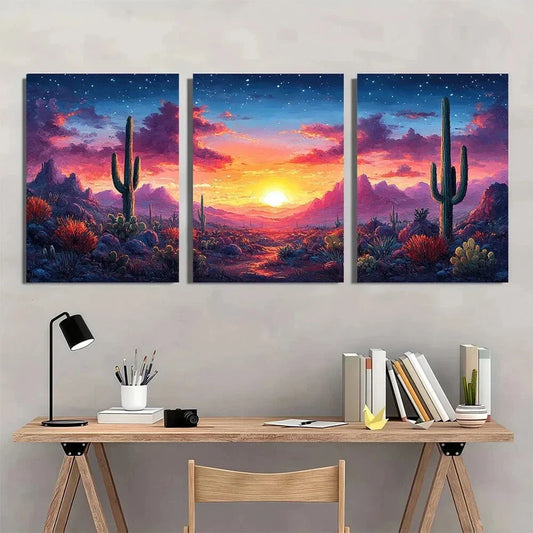 3pcs Vibrant Desert Sunset Cactus Colorful Metal Print Ready to Hang Art