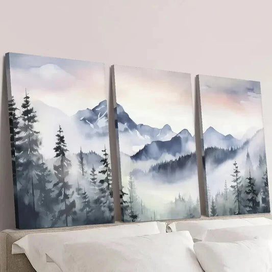 3pcs Blue Snow Mountain Valley Forest Wall Art Set Canvas Framed 40x60cm - High Quality Print 100% Australian Made Wall Canvas Ready to Hang