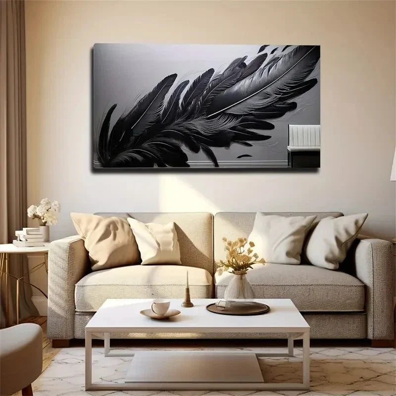 Elegant Black Feather Wall Art Canvas Office Home Room Framed 80x45cm