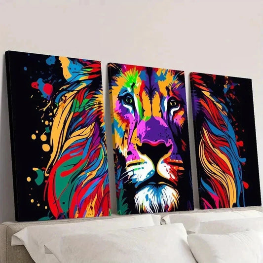 3pcs Colored Mane of a Majestic Lion Wall Art Set Canvas Framed 40x60cm - High Quality Print 100% Australian Made Wall Canvas Ready to Hang