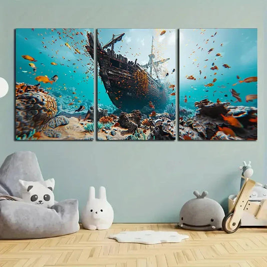 3pcs Underwater Shipwreck Nautical Ocean Life Metal Print Ready to Hang Art