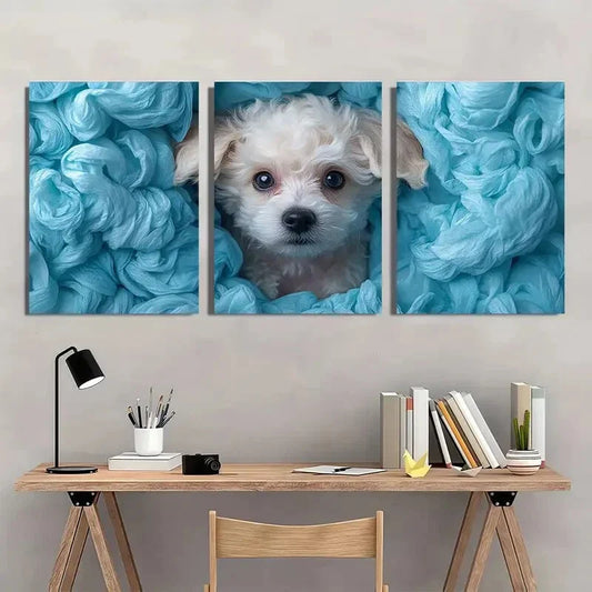 3pcs Whimsical Poodle Peeking Paper Rolls Metal Print Ready to Hang Art