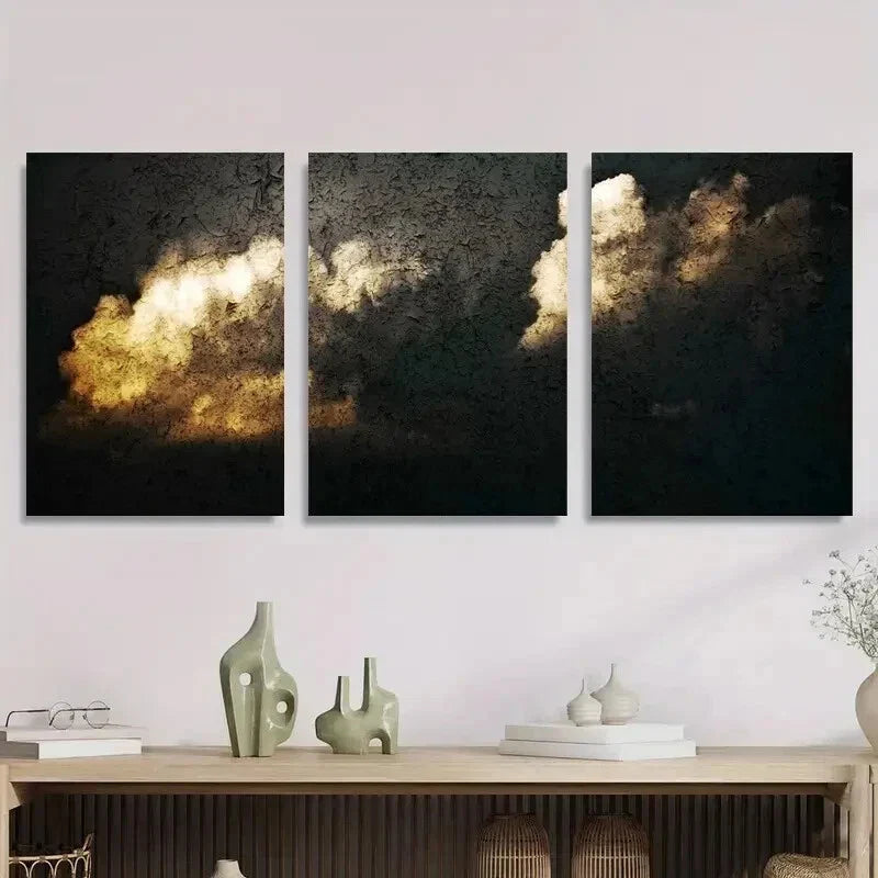 3pcs Golden Light & Dark Skies, Modern Metal Print Ready to Hang Art