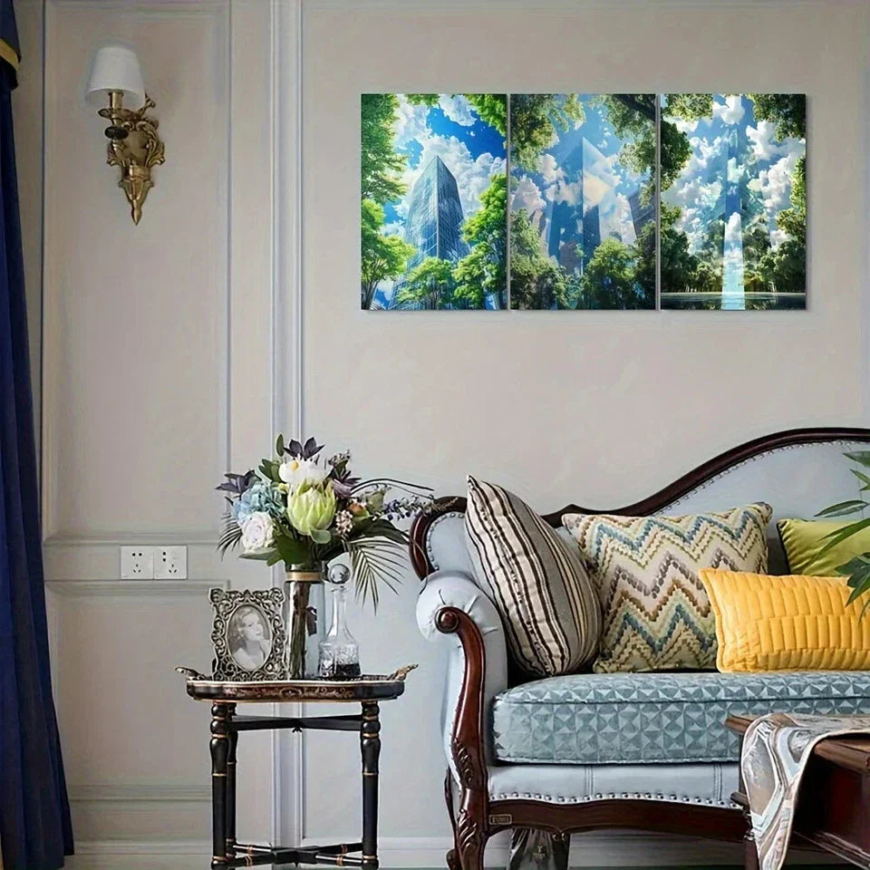 3pcs Building Standing in Open Green Space Metal Print Ready to Hang Art