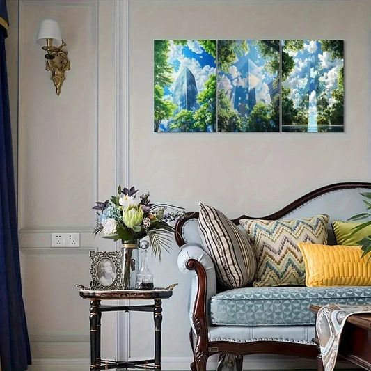 3pcs Building Standing in Open Green Space Metal Print Ready to Hang Art