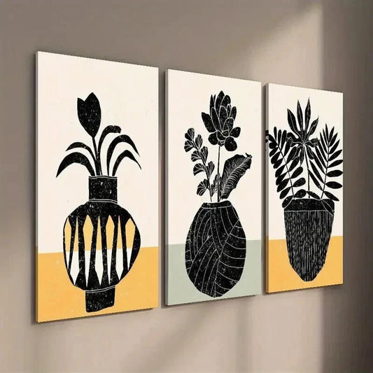 3pcs Black & White Plant Silhouette Floral Vase Wall Art Set Canvas Framed 40x60cm - High Quality Print 100% Australian Made Wall Canvas Ready to Hang