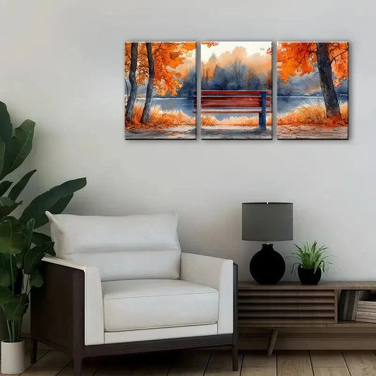 3pcs Watercolor Autumn Park Bench Scene Metal Print Ready to Hang Art