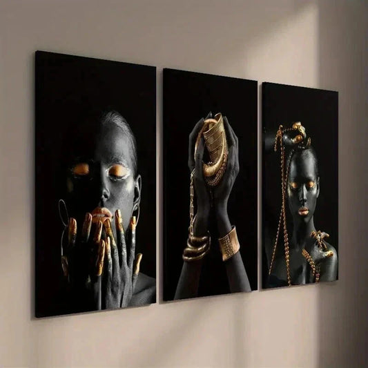 3pcs Black Woman Hands Wearing Golden Jewelry Wall Art Set Canvas Framed 40x60cm - High Quality Print 100% Australian Made Wall Canvas Ready to Hang