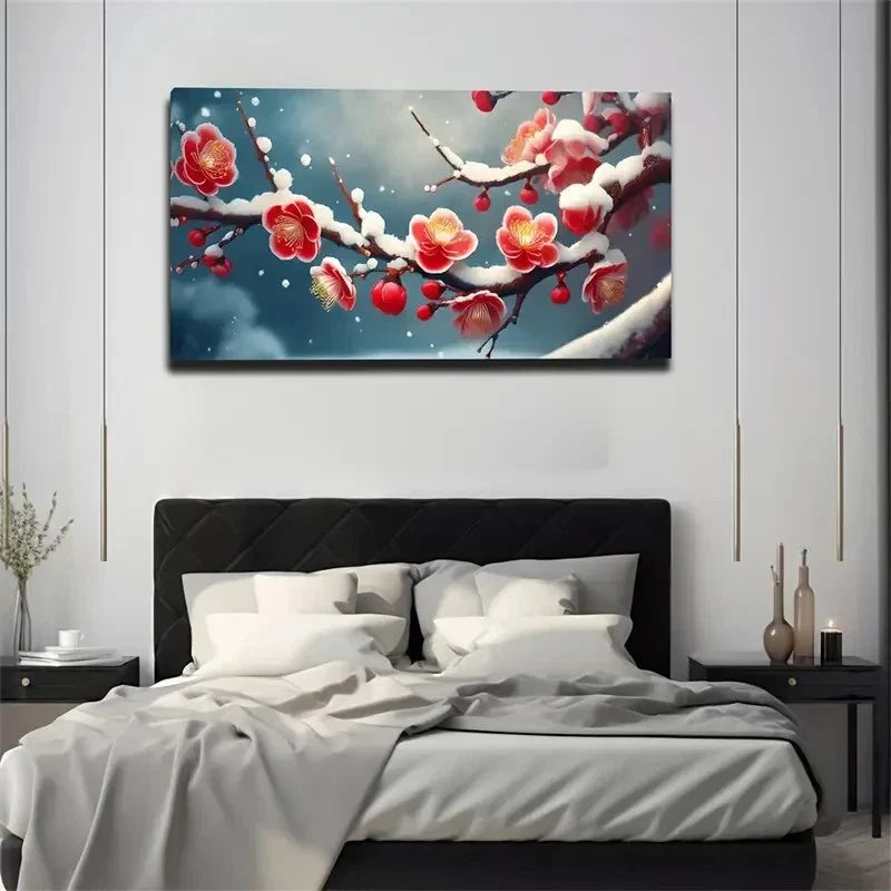 Winter Plum Snow The Branch Wall Art Canvas Office Home Room Framed 80x45cm