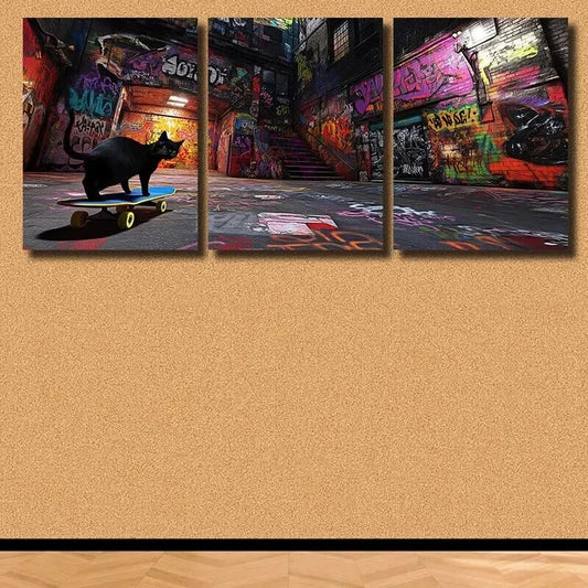 3pcs Black Cat & Colorful Skateboard Triptych Wall Art Set Canvas Framed 40x60cm - High Quality Print 100% Australian Made Wall Canvas Ready to Hang