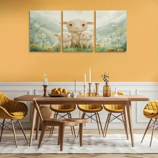 3pcs Cute Lamb Watercolor Serene Floral Metal Print Ready to Hang Art