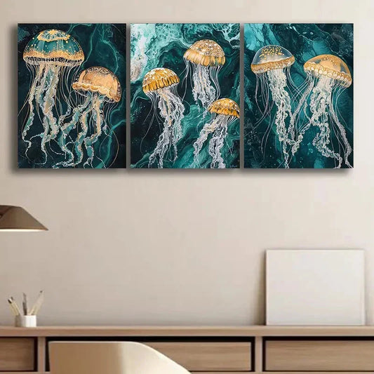 3pcs Jellyfish Design Dark Color Perfect Wall Art Set Canvas Framed 40x60cm - High Quality Print 100% Australian Made Wall Canvas Ready to Hang