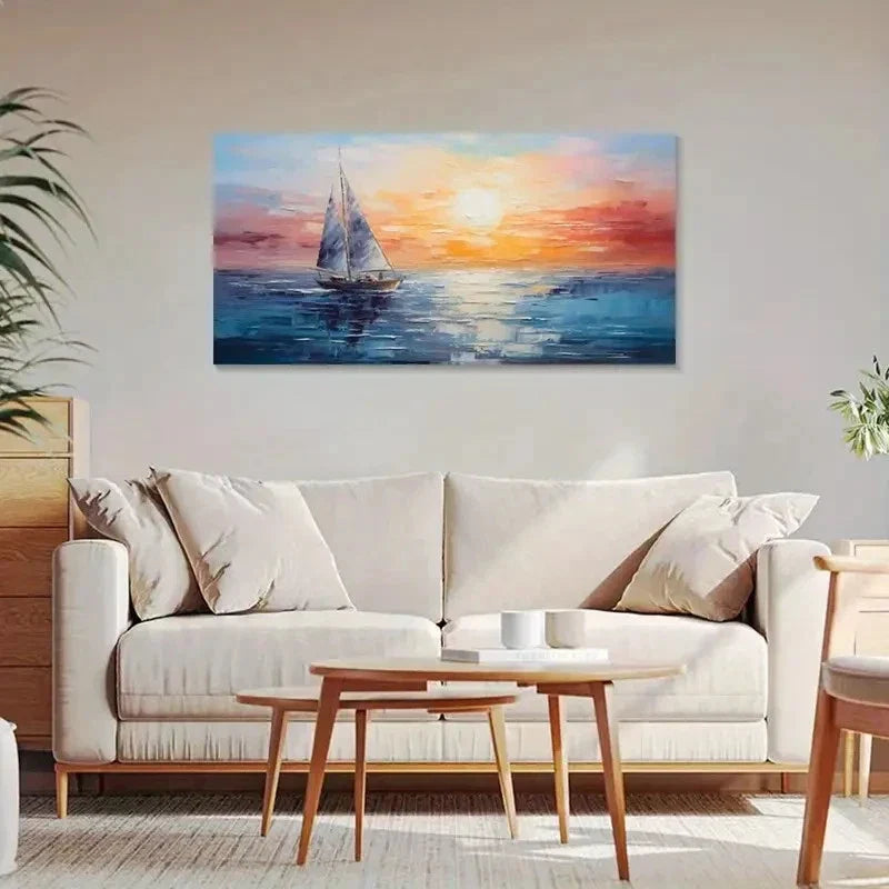 Impressionist Sailboat Sunset Wall Art Canvas Office Home Room Framed 80x45cm