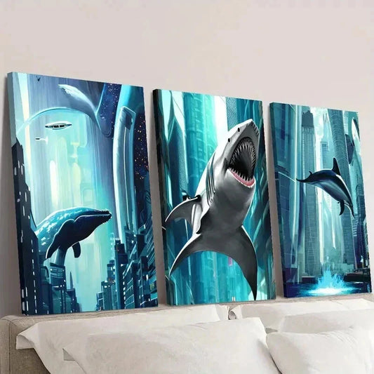 3pcs Flying Fish Fantasy Theme Illustration Wall Art Set Canvas Framed 40x60cm - High Quality Print 100% Australian Made Wall Canvas Ready to Hang