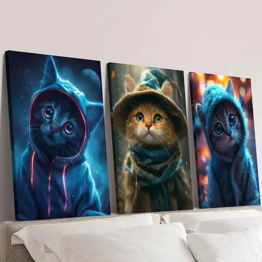 3pcs Cute Cat art Wearing Clothes Wall Art Set Canvas Framed 40x60cm - High Quality Print 100% Australian Made Wall Canvas Ready to Hang