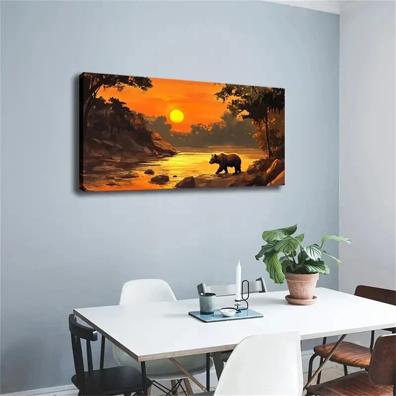 Bear by the Riverbank at Sunset Wall Art Canvas Office Home Room Framed 120x60cm