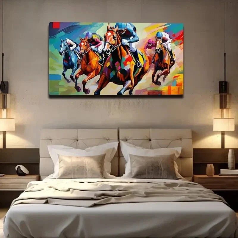 Vibrant Horse Racing Wall Art Canvas Office Home Room Framed 80x45cm