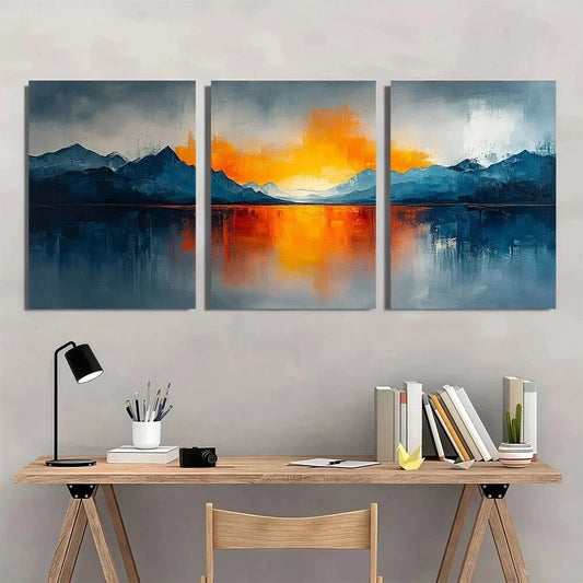 3pcs Abstract Oil Painting Blue Orange Gray Metal Print Ready to Hang Art
