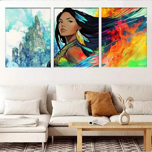 3pcsColorful Native Woman with Feathers Wall Art Set Canvas Framed 40x60cm - High Quality Print 100% Australian Made Wall Canvas Ready to Hang