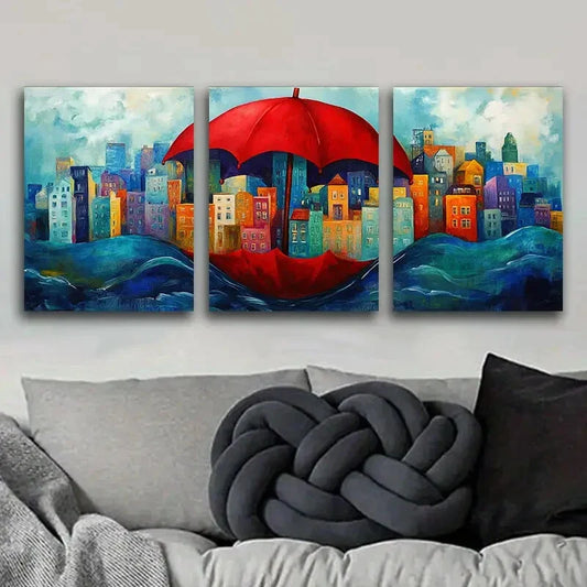 3pcs City view under a red umbrella Metal Print Ready to Hang Art