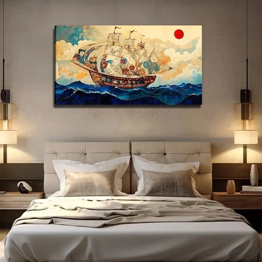Sailboat On The Sea Red Sun Wall Art Canvas Office Home Room Framed 120x60cm