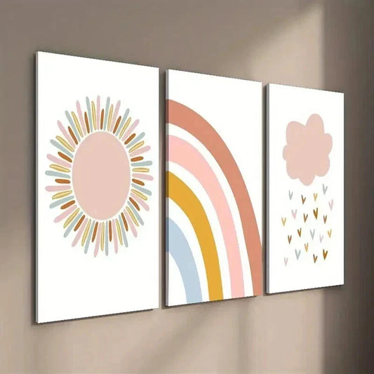 3pcs Cartoon Sun and Rainbow and Love Rain Wall Art Set Canvas Framed 40x60cm - High Quality Print 100% Australian Made Wall Canvas Ready to Hang