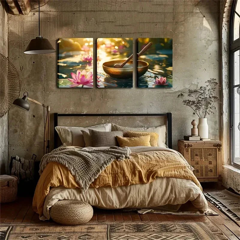 3pcs Golden Bowl and Wooden Spoon on Water Wall Art Set Canvas Framed 40x60cm - High Quality Print 100% Australian Made Wall Canvas Ready to Hang