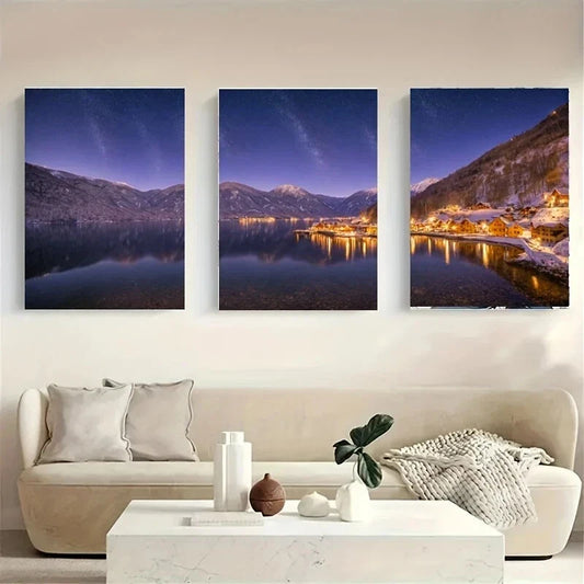 3pcs A Starry Night Sky Over A-Majestic White Wolf Metal Print Ready to Hang Art