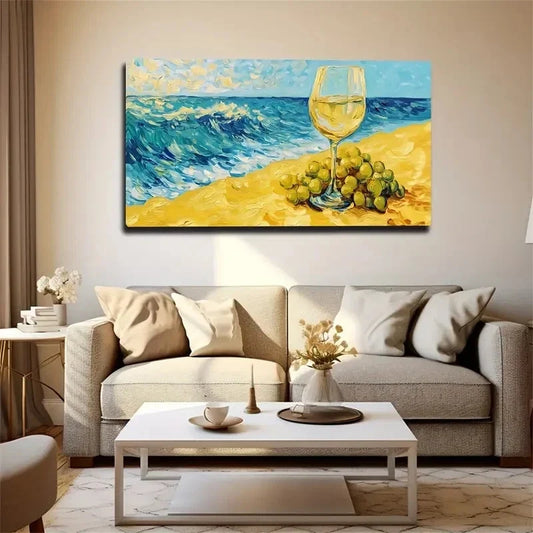 Modern Beach Scene Grapes Wall Art Canvas Office Home Room Framed 80x45cm