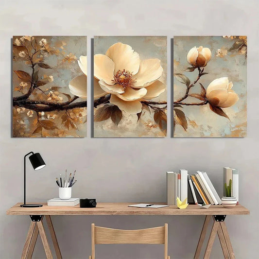 3pcs Elegant Peony & Magnolia Beige Vintage Metal Print Ready to Hang Art
