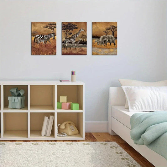 3pcs Zebra, Giraffe and Elephant African Animals Metal Print Ready to Hang Art