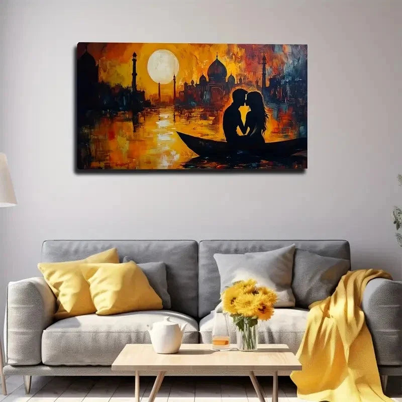 Sunset Boat Couple Wall Art Canvas Office Home Room Framed 80x45cm